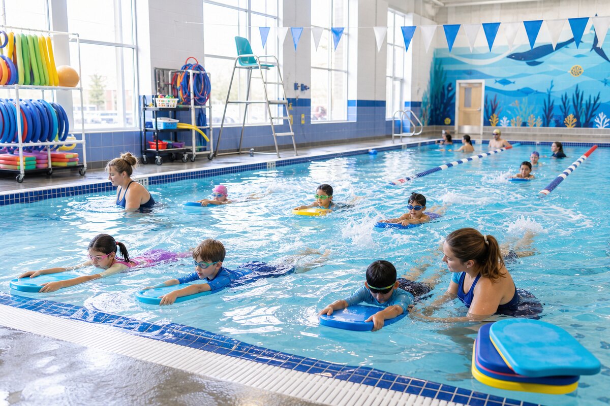Children practicing swim lessons with instructors